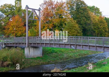 Ponte sospeso in legno sul fiume Mandau con alberi di colore autunnale sullo sfondo Foto Stock