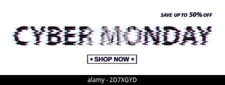 Vendita Cyber lunedi advirtising banner in glitch pattern. Offerta speciale e sconto su elettronica e tecnologia. Illustrazione vettoriale del design digitale Illustrazione Vettoriale