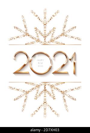 Felice anno nuovo 2021 sfondo con cornice in oro e fiocco di neve. Splendente con numeri di scintille e carta di Natale di confine. Vettore festivo di saluto Illustrazione Vettoriale