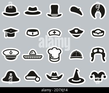 Set di adesivi Big Big con icone per cappello in bianco e nero Illustrazione Vettoriale