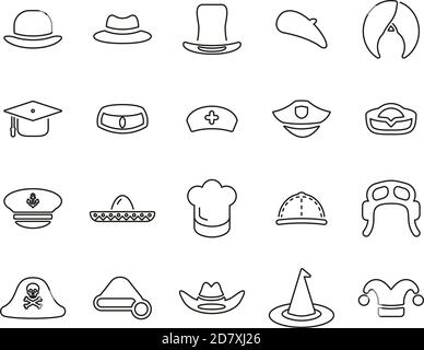 Icone cappello Set sottile bianco e nero Grande Illustrazione Vettoriale