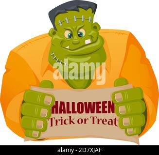 Frankenstein mostro personaggio in stile cartoon. Banner con segno - Halloween. Trucco o trucco. Illustrazione Vettoriale