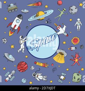 Vettore oggetti spazio divertente modello, cornice. Navi spaziali, razzi, pianeti, piattini volanti, cosmonauti, comete stelle satelliti ufo ecc Illustrazione Vettoriale