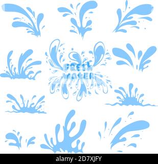 Set di gocce d'acqua. Schizzi di gocce d'acqua blu. Iscrizione acqua dolce. Illustrazione Vettoriale