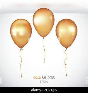 Palloncini 3D realistici in elio oro su sfondo bianco. Set di bollature lucide per il tuo progetto. Illustrazione Vettoriale
