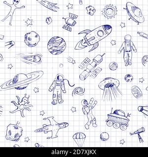 Spazio di doodle vettoriale motivo senza giunture con oggetti di spazio. Navi spaziali, razzi, pianeti, piattini volanti, cosmonauti, stelle, comete, satelliti, ufo ecc Illustrazione Vettoriale