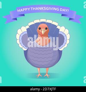 Cartolina Happy Thanksgiving Day. Tacchino e nastro blu. Sfondo autunno. Illustrazione Vettoriale