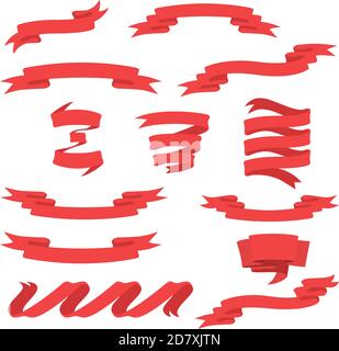 Set di bellissimi nastri rossi festosi. Serie di banner vettoriali a nastro in stile piatto rosso. Elementi per l'illustrazione vettoriale del progetto. Illustrazione Vettoriale