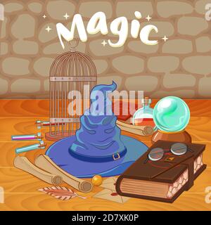 Impostare per riprodurre una procedura guidata. Cose mago: mago, cappello, libro magico, rotolo, pozione, scopa, palla di cristallo, Snitch d'oro. Diverse apparecchiature per streghe in cartone animato Illustrazione Vettoriale