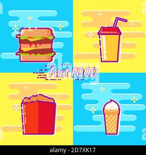 Set di icone colorate di design piatto fast food. Hamburger grande, succo di frutta o soda, pollo, gelato. Serpenti fast food. Ristorante fast food. Elementi per il web, Illustrazione Vettoriale