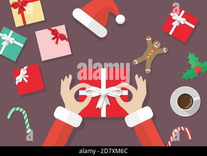 Babbo Santa legato a mano sulla confezione regalo con elementi di natale. Illustrazione vettoriale Illustrazione Vettoriale