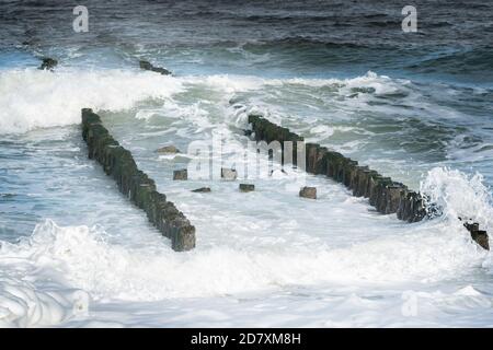 La doppia fila di pali in legno di frangiflutti che infrangono le onde della costa del Mare del Nord a Westkapelle, Zeeland, Paesi Bassi. Foto Stock