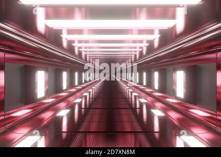 Illustrazione 3D di un corridoio interno, di un corridoio, di una passerella o di una stazione spaziale. Foto Stock