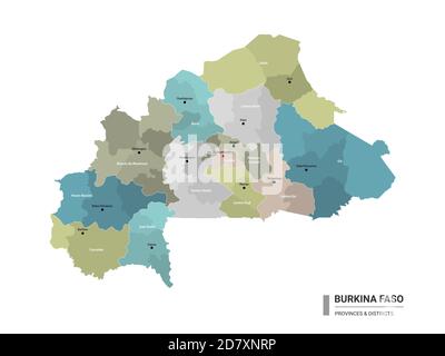 Burkina Faso higt Mappa dettagliata con suddivisioni. Mappa amministrativa del Burkina Faso con il nome dei distretti e delle città, colorata dagli stati e dall'amministrazione Illustrazione Vettoriale