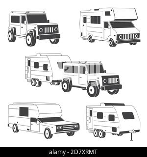 Set di camperini isometrici per viaggiatori linea sottile e silhuette. 3d Camping RV rimorchio famiglia caravan icona profilo. Camper da viaggio isolato su bianco. Concetto di viaggio per famiglie in camper estivo. Vettore Illustrazione Vettoriale