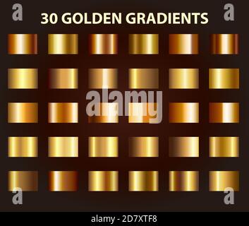 30 texture dorate. Collezione di modelli dal gradiente oro metallizzato, luminosi e realistici. Decorazione astratta in metallo. Design per il premio, background Illustrazione Vettoriale