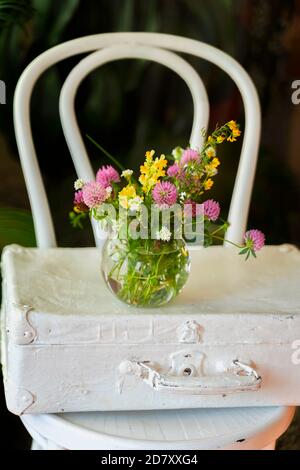 Bouquet di fiori selvatici luminosi in un vaso di vetro una valigia sdraiata su una sedia di legno bianco Foto Stock