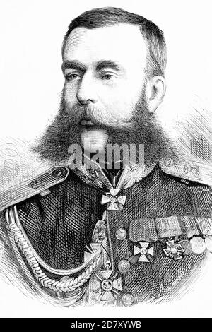 Mikhail Dmitriyevich Skobelm. Generale russo. 1843-1882. Illustrazione antica. 1882. Foto Stock