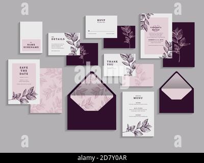 Grande set di biglietti di invito per matrimoni. RSVP, grazie, salva la data e la scheda del menu. Design elegante e moderno. Illustrazioni vettoriali. Illustrazione Vettoriale
