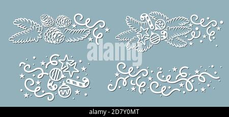 strada a serpentina, rami di conifere e coni di pino di carta. Albero di Natale rami silhouette. Elementi decorativi in abete rosso. Template per il taglio laser an Illustrazione Vettoriale