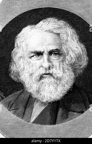 Henry Wadsworth Longfellow, poeta ed educatore americano. 1807-1882. Illustrazione antica. 1882. Foto Stock