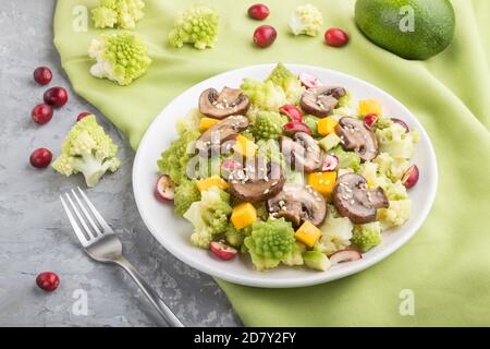 Insalata vegetariana di cavolo romanesco, champignons, mirtillo rosso, avocado e zucca su fondo grigio in cemento e tessuto verde. Vista laterale, chiudi Foto Stock