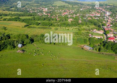 Sorvolando un villaggio in Transilvania. Drone aereo vista di Manastireni, Romania con drone Foto Stock