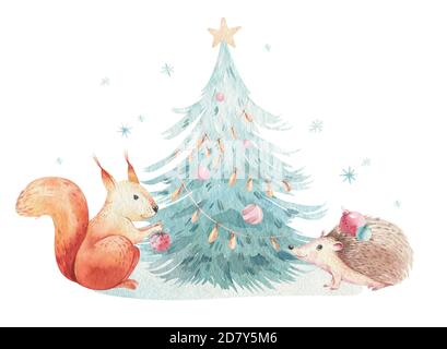 Set di Natale Woodland cartoon hedgehog foresta, simpatico scoiattolo animale carattere. Inverno albero di natale elementi floreali, bouquet, bacche, fiori Foto Stock