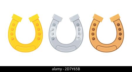 Oro, argento, bronzo ferro di cavallo icona insieme vettore isolato su sfondo bianco. Illustrazione Vettoriale