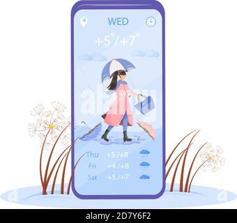 Schermata dell'app vettoriale per smartphone con previsioni delle precipitazioni Illustrazione Vettoriale