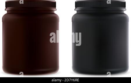 Riempimento vaso vuoto. Boccetta di proteina nera. Contenitore di siero di latte in polvere. Gruppo cilindro capsula sport. La medicina della vitamina può per bodybuilding. Nutritio Illustrazione Vettoriale