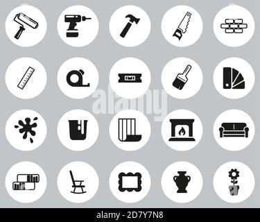 Home decorazione & Home rimodellamento icone Black & White Flat Set cerchio di design Grande Illustrazione Vettoriale