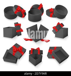 Set vettoriale di scatole regalo nere con arco rosso e nastro. Oggetti 3D realistici isolati su sfondo bianco. Decorazione di festa di Natale e compleanno Illustrazione Vettoriale