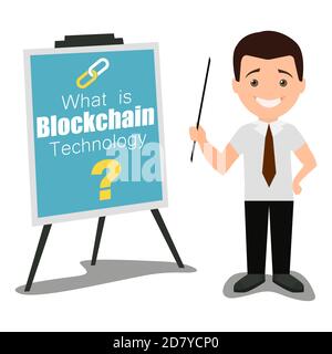 Illustrazione piatta del concetto di presentazione aziendale della tecnologia Blockchain Illustrazione Vettoriale