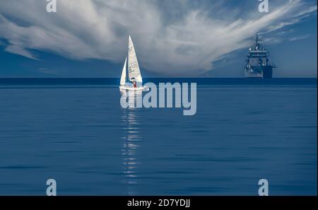 La richiesta di una vita pacifica e libera sta diventando sempre più forte. La nave a vela nella foto e la nave di rifornimento navy servivano come simboli qui. Foto Stock