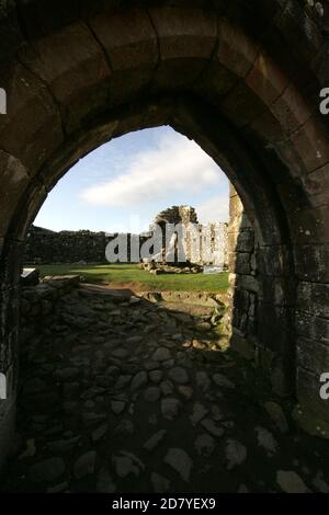 Loch Doon Castle, Dumfries & Galloway Scotland, Regno Unito. Il castello di Loch Doon fu costruito dai conti Bruce di Carrick alla fine del 1200s. Potrebbe essere stato costruito da Robert the Bruce stesso, ma è più probabile che sia stato costruito da suo padre, chiamato anche Robert. La maggior parte del castello fu attentamente smantellato, pietra per pietra, e il cazzare vestito ricostruito sulla terraferma nel 1935. Ciò è stato fatto per preservare la sua parete di tenda fine ed inusuale dai livelli crescenti dell'acqua causati dallo schema idroelettrico. Foto Stock