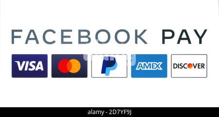 Kiev, Ucraina - 25 agosto 2020: Facebook Pay lavora con servizi finanziari multinazionali come: Visa, Mastercard, PayPal, American Express e Disc Foto Stock