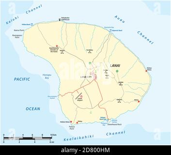 Mappa vettoriale dell'Isola di Lanai nell'Arcipelago Hawaiiano, Hawaii, USA Illustrazione Vettoriale