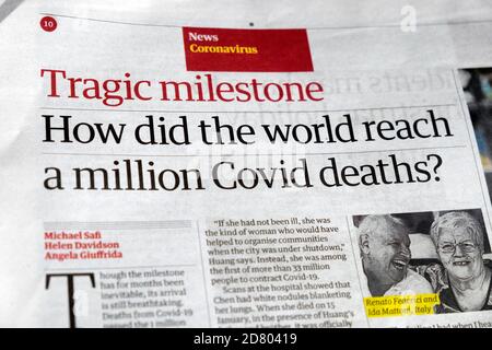 Coronavirus News Guardian giornale titolo articolo 'tragico traguardo come il mondo ha raggiunto un milione di morti Covid?' Londra Inghilterra Regno Unito 29 settembre 2020 Foto Stock