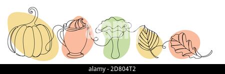 Zucca e foglie in uno stile lineare. Illustrazione Vettoriale