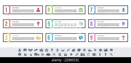 Infografico business design concept illustrazione vettoriale con 9 opzioni o le fasi o processi rappresentano il flusso di lavoro o schema o il pulsante web banner Illustrazione Vettoriale