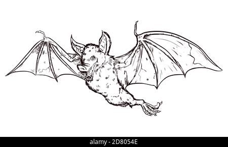 Pipistrello vampiro feroce e terrificante che vola in stile disegnato a mano, isolato su sfondo bianco. Illustrazione Vettoriale