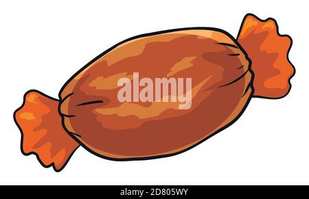 Caramella di zucchero isolata in busta arancione e disegno della faccia della zucca per la stagione di Halloween, su sfondo bianco. Illustrazione Vettoriale