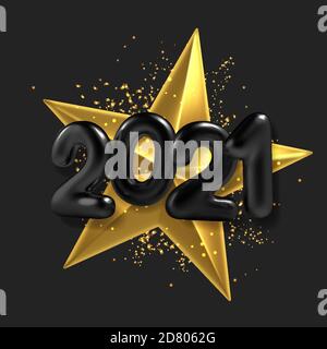 Palloncino 3D realistico con iscrizione 2021 e stella dorata su sfondo nero. Illustrazione vettoriale. Illustrazione Vettoriale