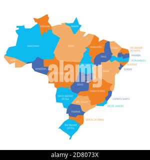Mappa politica colorata del Brasile. Divisioni amministrative - stati. Semplice mappa vettoriale piatta con etichette. Illustrazione Vettoriale