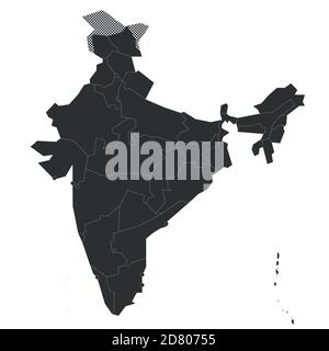 Mappa politica vuota dell'India. Divisioni amministrative - stati e territori sindacali. Semplice mappa vettoriale nera. Illustrazione Vettoriale