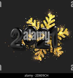 Palloncino 3D realistico con iscrizione 2021 e fiocco di neve dorato su sfondo nero. Illustrazione vettoriale. Illustrazione Vettoriale