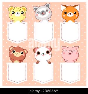 Carino cartoon personaggi Pocket Set. Raccolta di animali kawaii in tasche. Stampa infantile con scimmia, panda, volpe, lemure, maiale, leopardo per t-sh Illustrazione Vettoriale