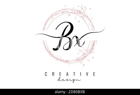 Logo scritto a mano Bx B x con cerchi scintillanti con glitter rosa. Illustrazione decorativa vettoriale con lettere B e X. Illustrazione Vettoriale