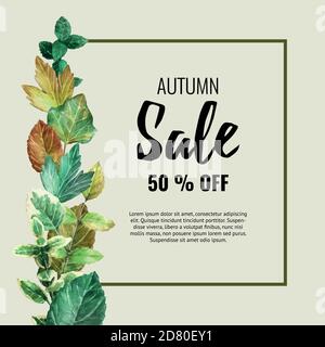 Striscioni vendita autunno con foglie d'autunno acquerello colorate. Sfondo vettoriale. Layout per etichette di sconto, volantini e acquisti. Illustrazione Vettoriale